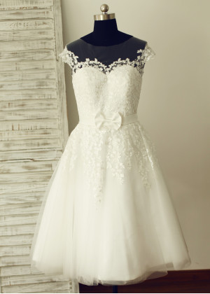 Sheer Neckline Ivory Lace Tulle Tea Length Elegant Wedding Dress